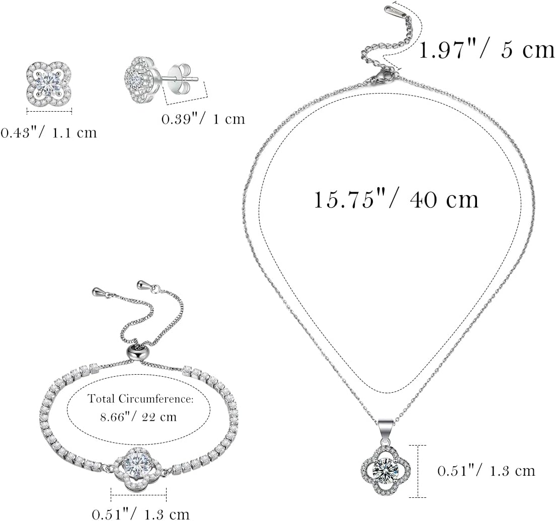 Emibele Lucky Clover Bracelet Necklace Earrings Jewelry Set for Women, Classic 4-Leaf White Gold Plated Bracelet Cubic Zirconia Studs Earrings Good Luck Pendant Necklace Mother’s Day Jewelry Gifts - Image 7