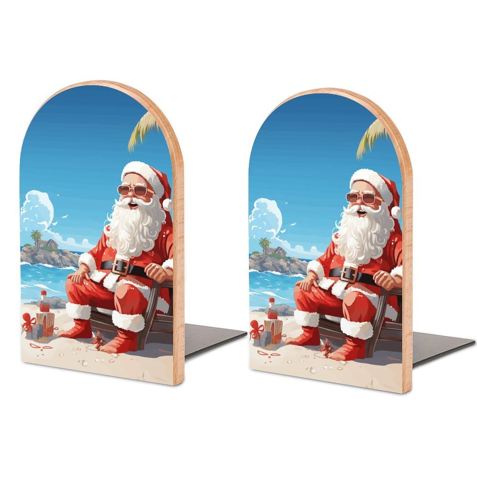 Beech Wood Book Ends Santa Claus at Beach Printed Bookend for Shelves Home Decorative Bookends for Heavy Books for Office Bookshelves