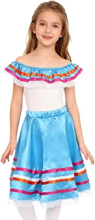 Hansber Kids Girls Mexican Traditional Dress Flamenco Dance Skirt Off Shoulder Ruffled Top with Lace Trim Skirt Blue 8 Years