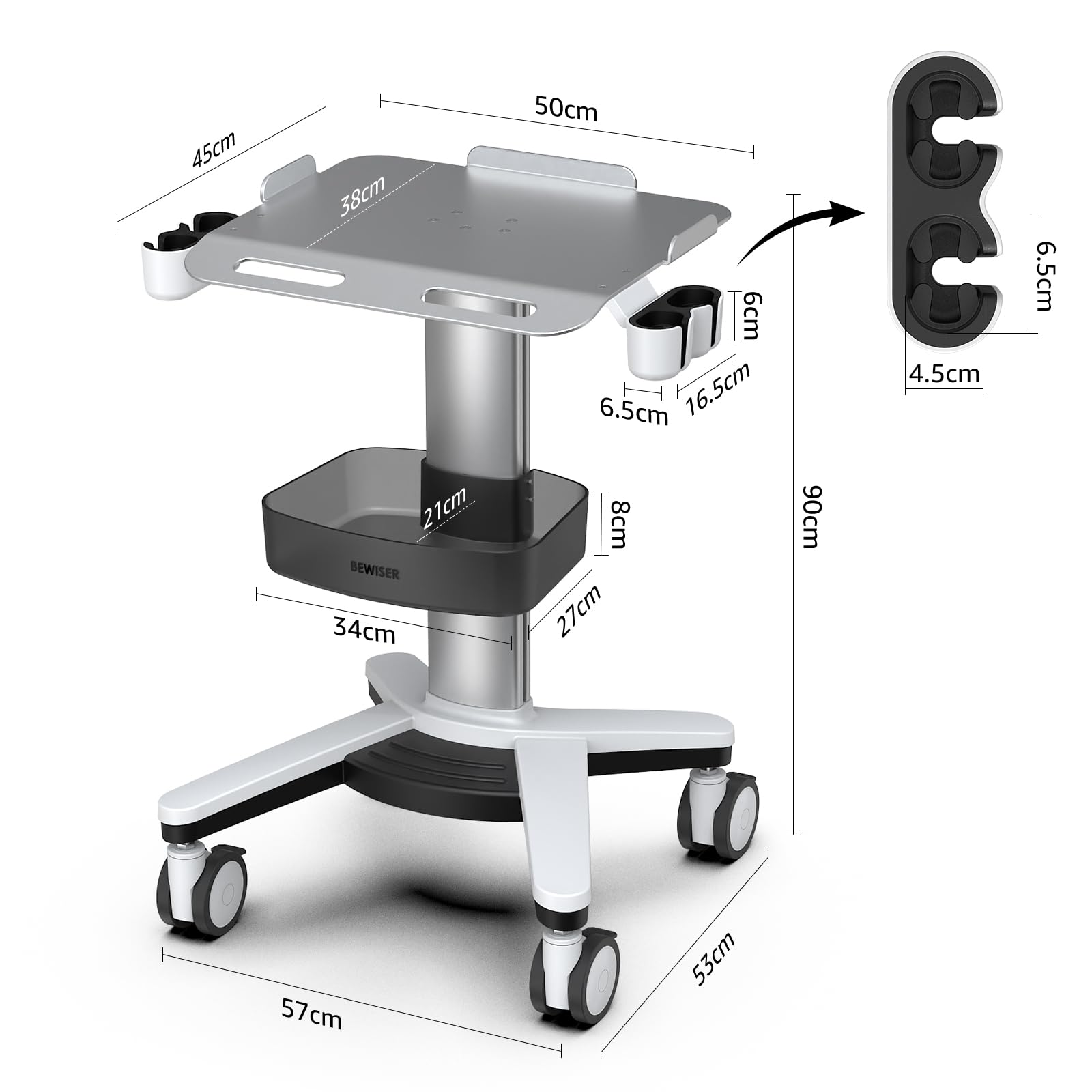 BEWISER Chariot médical avec roues verrouillables - Scanner d'images à ultrasons Mode B - Plan de travail de 45 x 50 cm - Chariot dentiste mobile pour cliniques, hôpitaux