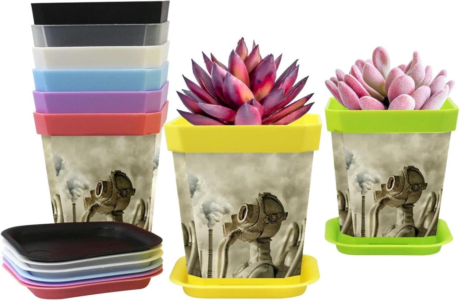 Macetas de contaminación del aire, paquete de 8 macetas de plástico de 2.75 pulgadas con agujeros de drenaje y platillos para todas las plantas de la casa