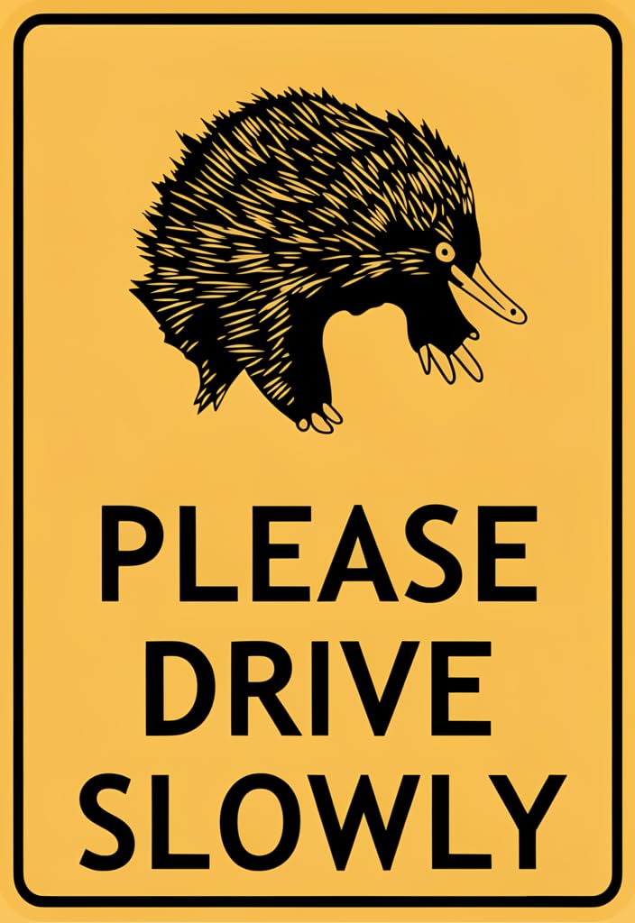 peiyeety Echidna Please Drive Slowly Tin Sign 12x8 Inch, Funny Wildlife Metal Wall Decor, Yellow Caution-Style Novelty Sign for Home Decor, Garage, Farmhouse, Office, Gift Idea