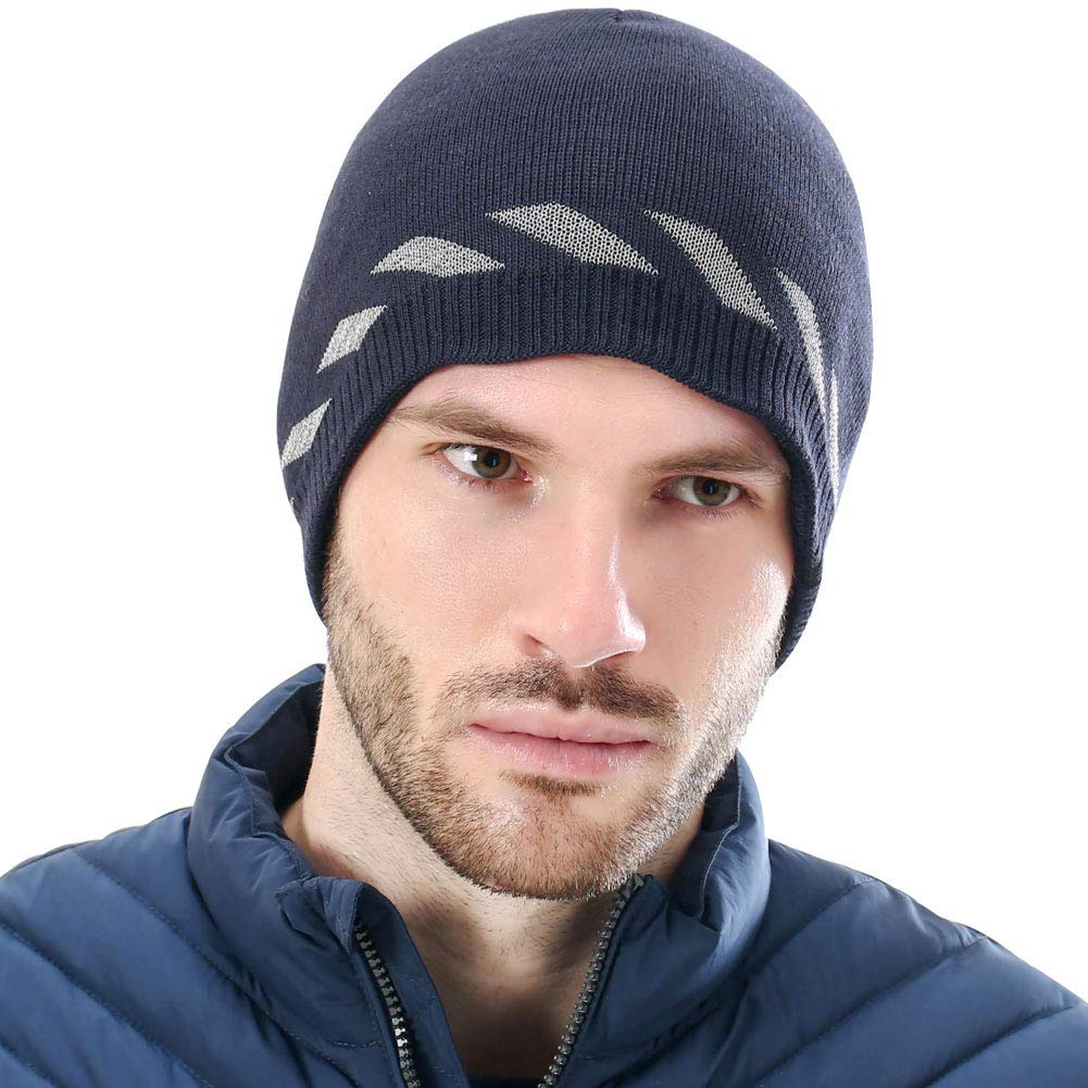 Reflective Mens Winter Skull Beanie Hat Warm Knit Watch Cap