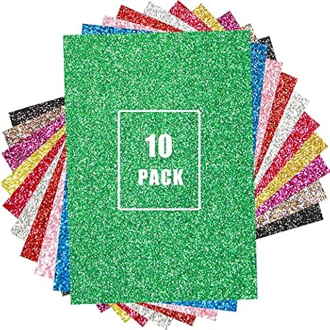 Glitter Iron on Vinyl for T Shirts, HTV Heat Transfer Vinyl Bundle Sparkly Sheets 10 Pack 12x10 INCH with Pink Gold Green Red and Purple Easy Weed, Sparkle Shimmer Iron-on Vinyl Cover
