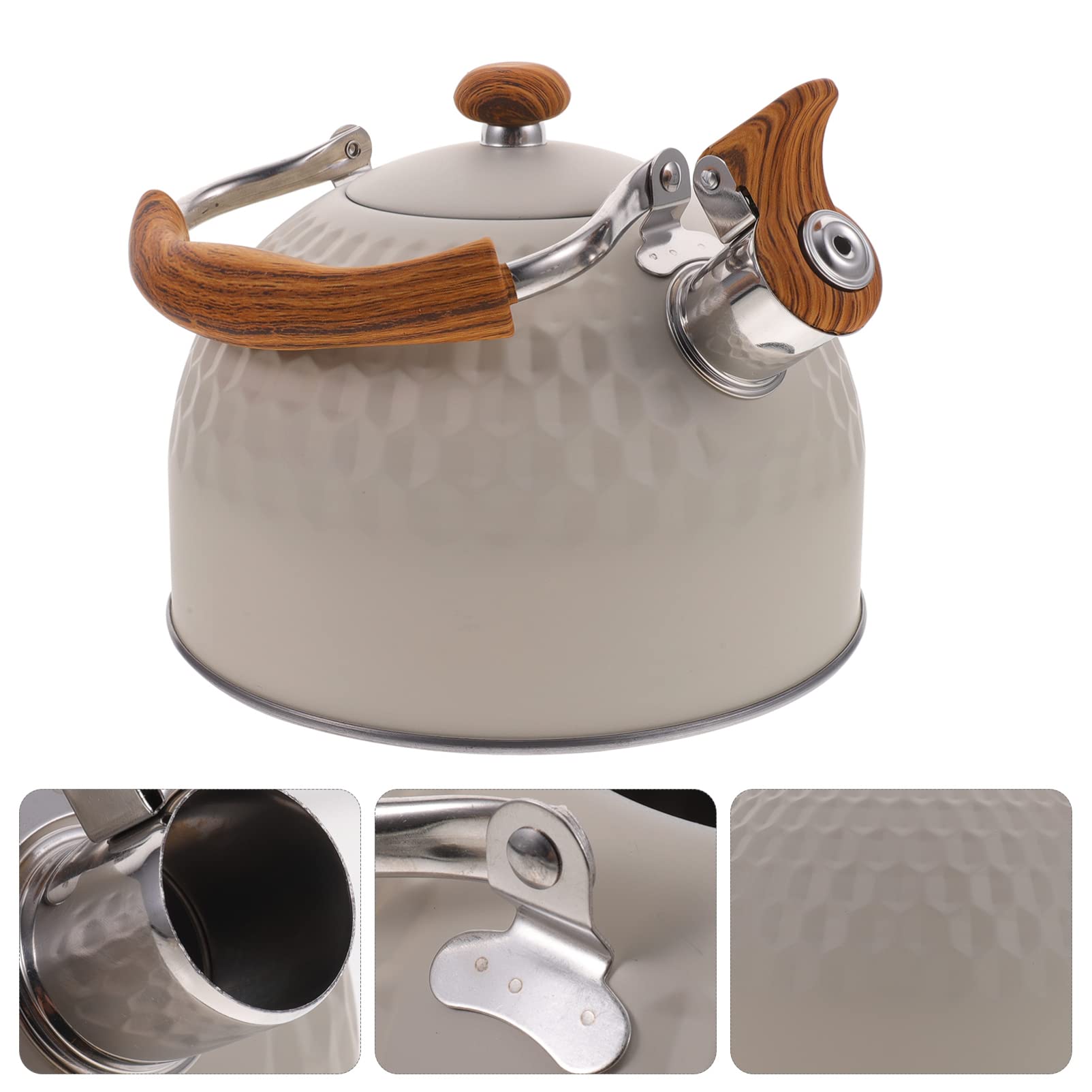 UPKOCH 2.5L Edelstahl Pfeifenkessel Wasserkessel Pfeifkessel Flötenkessel Teekessel Pfeife Wasserkocher mit Holz Pfeifton Griff Induktion Gasherd für Küche Camping Picknick Beige
