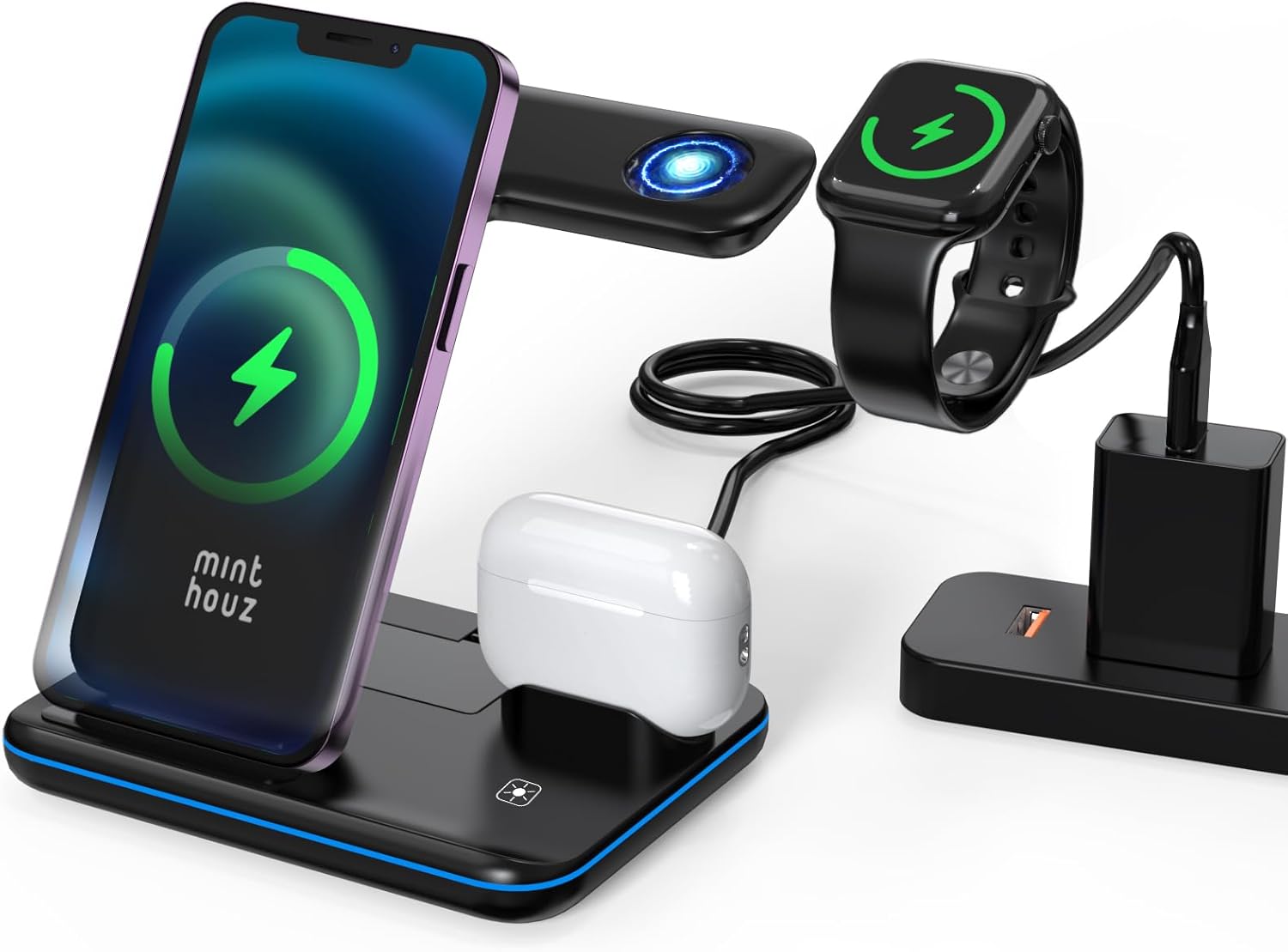 Minthouz Phone Wireless Charger, 18W Fast Charging Station for iWatch (Watch Charger is NOT included), AirPods, Wireless Charger Stand Compatible with iPhone 15/14/13/12/11 Series (with QC3.0 Adapter)