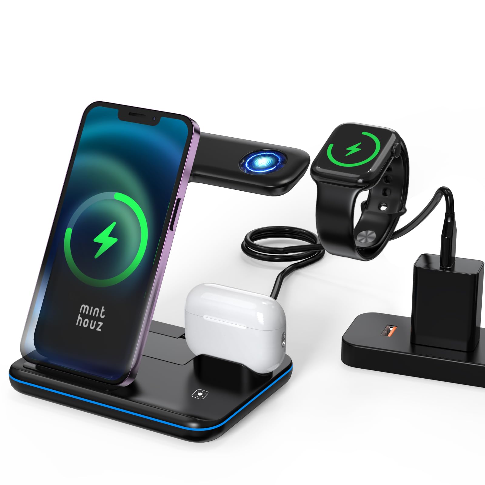 Minthouz Caricabatterie wireless per telefono, stazione di ricarica rapida da 18 W per iWatch (il caricabatterie dell'orologio non è incluso), AirPods, supporto per caricabatterie wireless compatibile