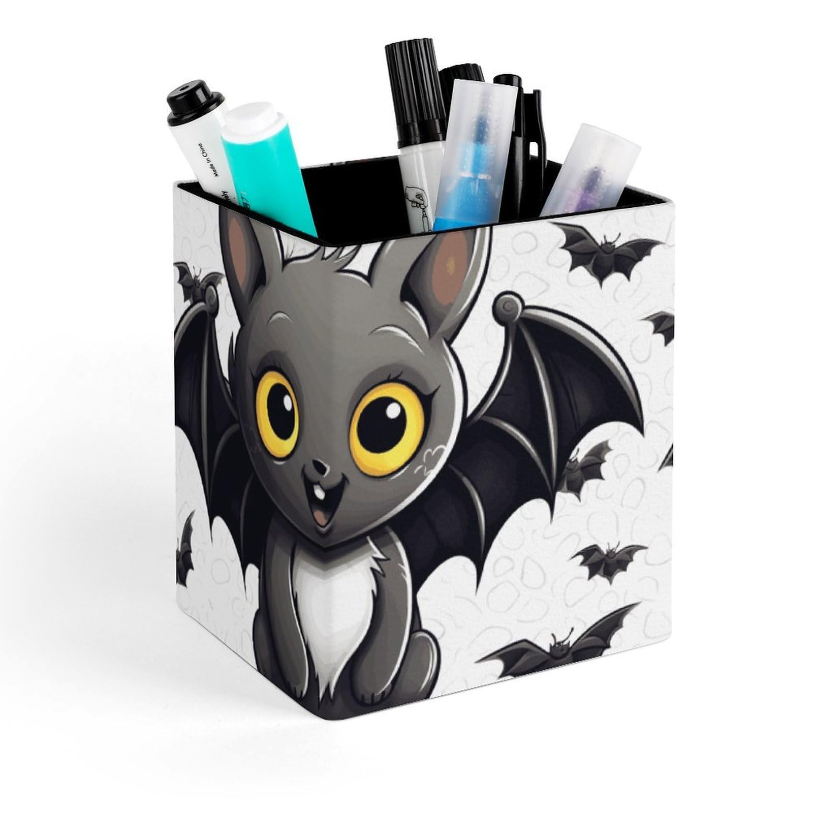DWVTSLH Aesthetic Pen Holder for Desk - Modern Leather Pencil Holder - Stylish Square Makeup Brush Holder - Cute Bat Pen Cup Cute And Functional Desk Organizer for Office Supplies