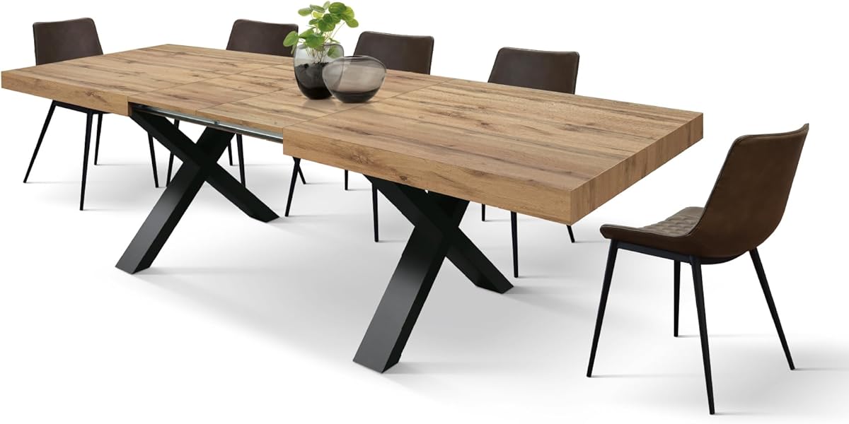 PAZZO DESIGN Ausziehbarer Tisch Marco, Tisch für Wohnzimmer oder Küche, gekreuzte Beine X Schwarz, hergestellt in Italien, rustische Eiche, 180x90x76 cm - id_1998