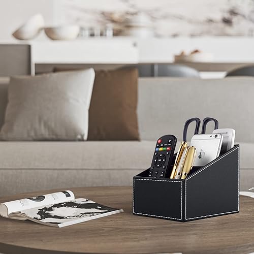 Miniatura 7 de RHCSZ Soporte de cuero sintético para control remoto de TV con 3 compartimentos, estante de almacenamiento, caja de almacenamiento, almacenamiento