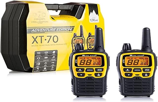 Midland C1180.01 XT70 Adventure - Dual Band Radio Professional Quick Charge Walkie Talkies - Yellow - 69 LPD and 24 PMR446, 12 km radius, 38 Tones and 83 Codes - Set of 2 Transceivers with Case