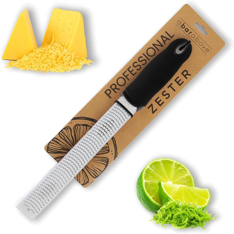 A Bar Above Lemon Zester and Cheese Grater, Professional 12 Inch Stainless Steel Hand Grater for Citrus, Parmesan, Ginger, Chocolate, Ergonomic Handle, Dishwasher Safe, Perfect Kitchen Gadget, Black