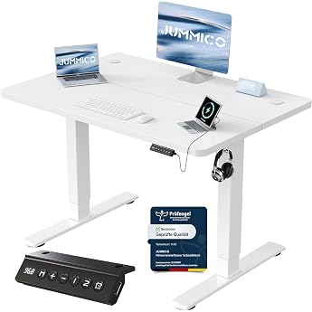 JUMMICO Height-Adjustable Desk with USB Charging Port, 100 x 60 cm, Electric Desk, Standing Seat, Table, Adjustable Computer 