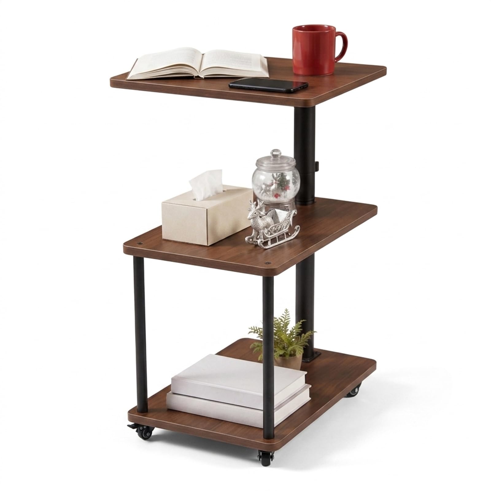 Beistelltisch auf Rollen mit Bremse, höhenverstellbar & 360° drehbar – Beistelltisch Couch/Side Table mit 3 Ablagen, stabilem Rohr, MDF Holzoptik, Walnuss