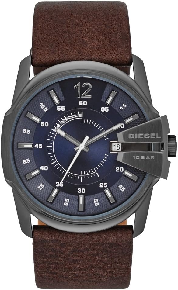 DIESEL Master Chief Series Watch for Men, Three Hand Date Movement with Stainless Steel or Leather Strap