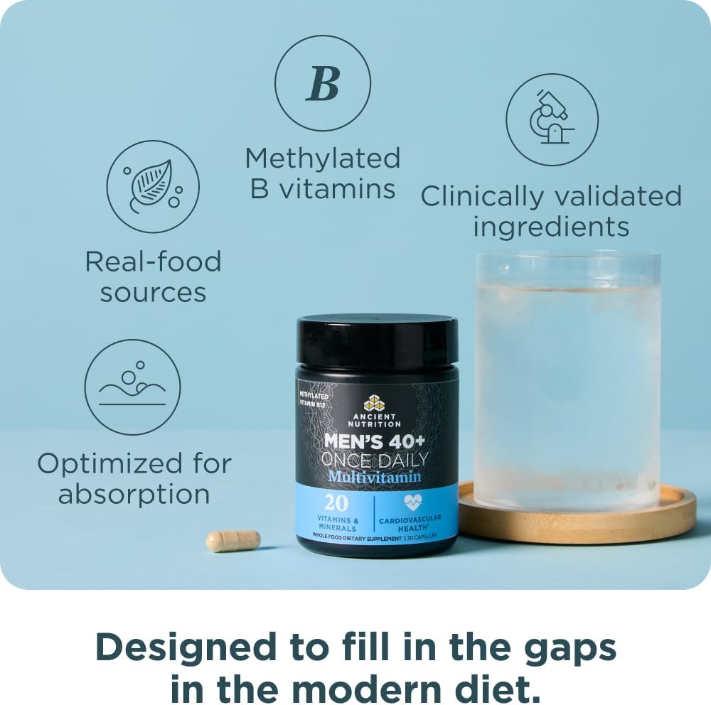 Ancient Nutrition Multivitamin for Men, Multi Men's 40+ Once Daily Vitamin Supplement, Magnesium, Vitamin A, Methylated B and K2, Supports Immune System , 30 Ct