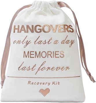 SHERWAY Hangover Recovery Kit Bags Wedding Party Favor Bags, Bachelorette Party Drawstring Bag 10pcs, White, Rose Gold Foil, 5 x 7 Inch