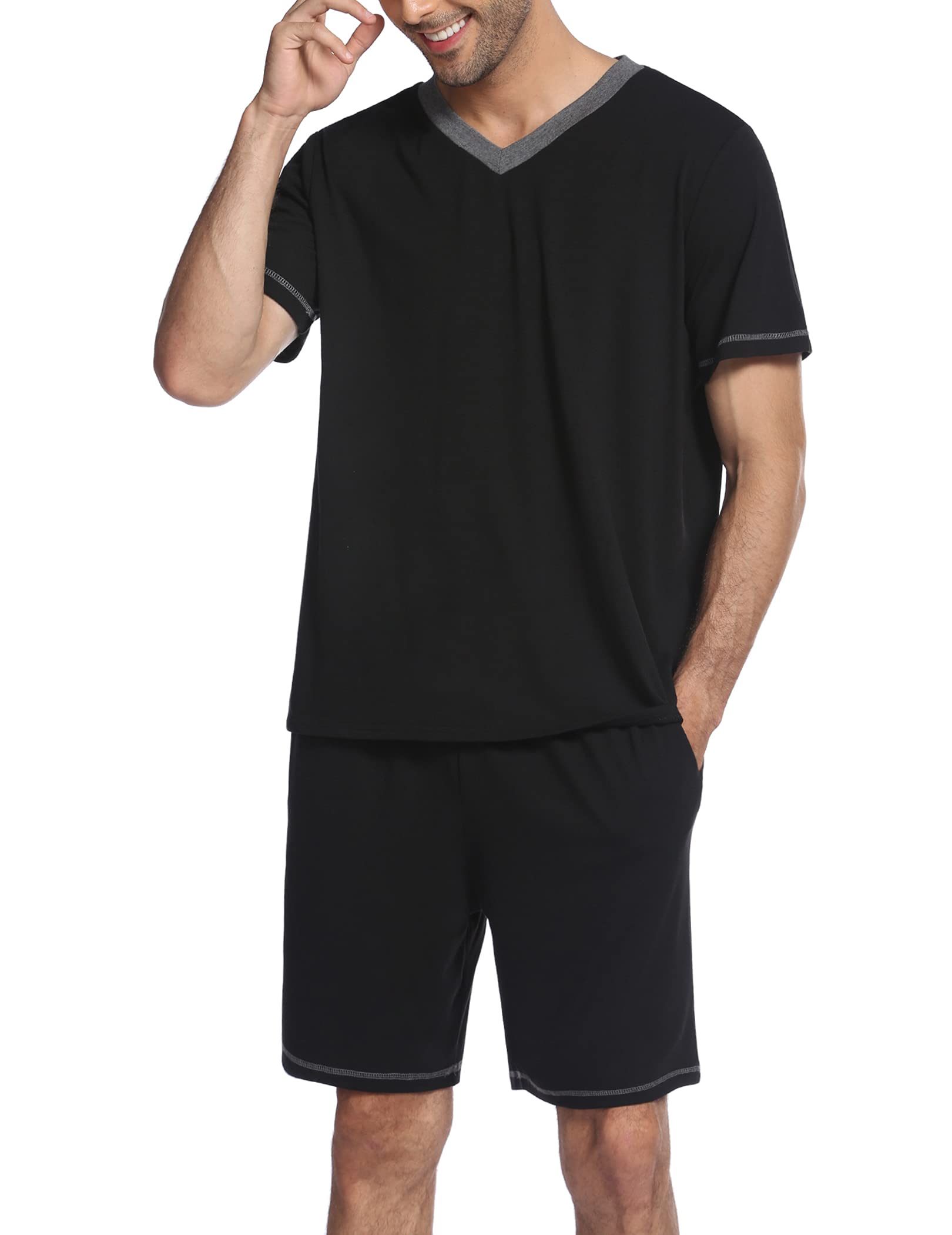 Ekouaer Mens Pajama Set Short Sleeve V Neck 2 Piece Nightwear Shorts With Pockets Summer Sleepwear PJS for Men