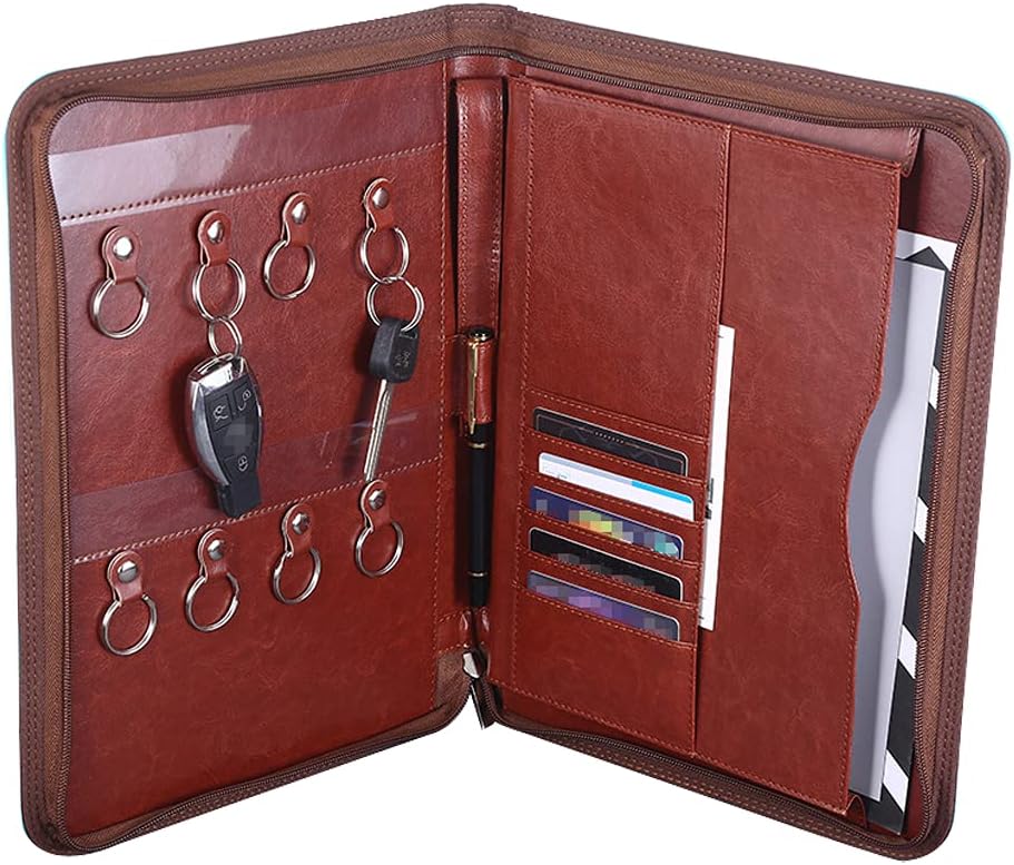 Zippered Padfolio Portfolio/PU Leather Business Card Holder with 8 Key Rings Organizer for Manager and Landlord Key Holder(Empty Portfolio)