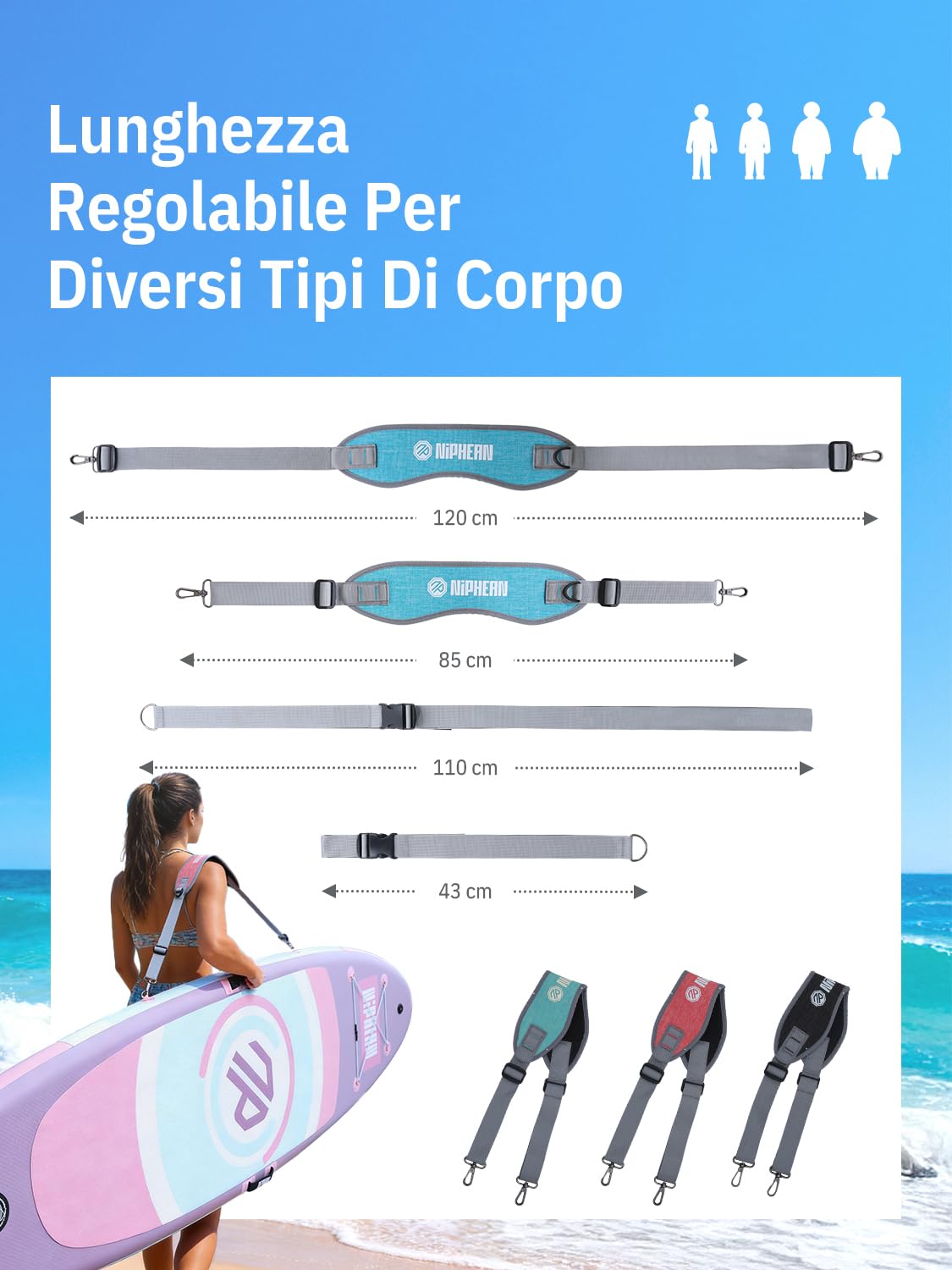 niphean Laccio Tavola SUP, Accessori SUP per Tavola SUP Gonfiabile，SUP Tracolla Regolabile a Mani Libere per Tavola da SUP，Tracolla per Il Trasporto della Tavola da Surf con Tracolla Imbottita