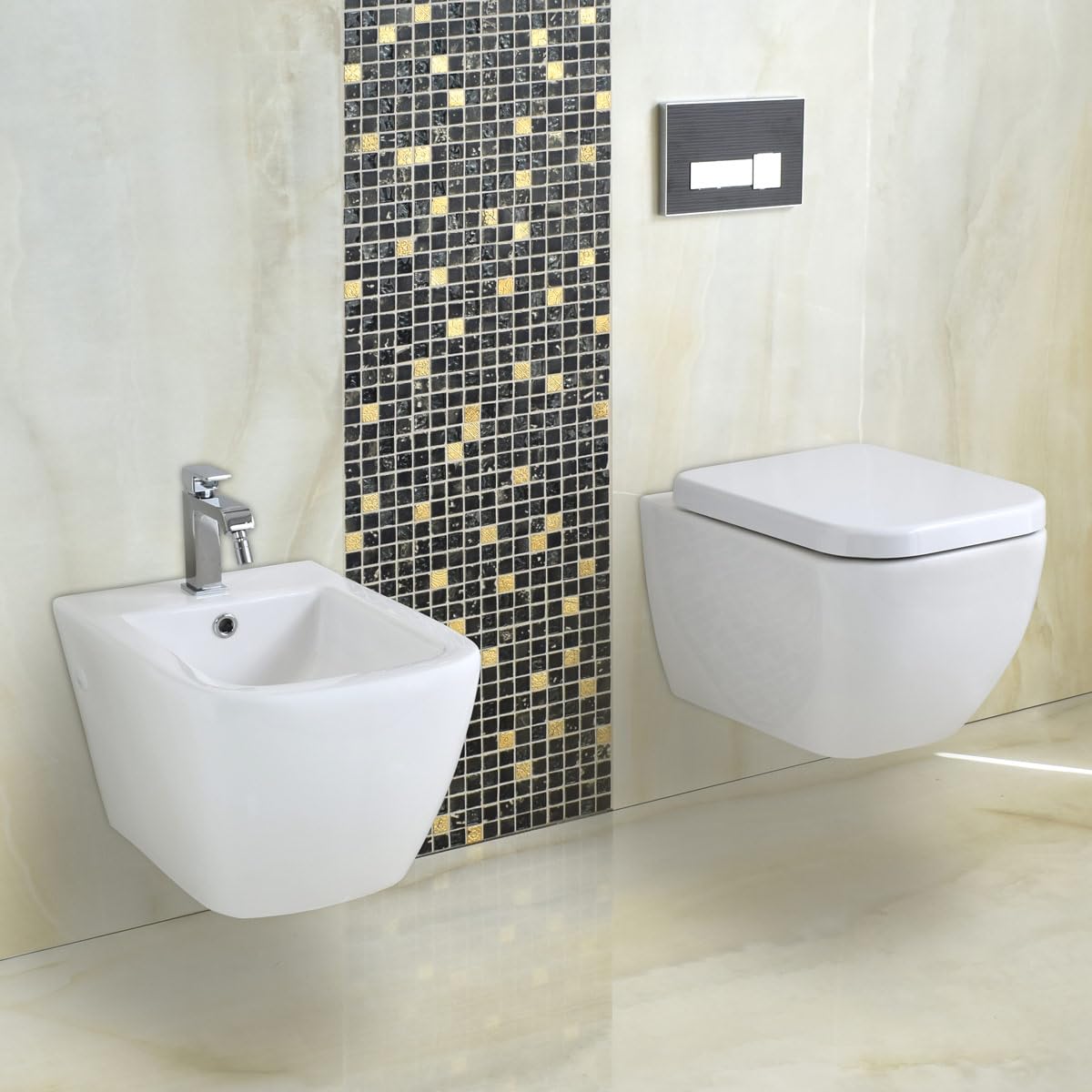Yellowshop - Sanitari Bagno Sospesi Filo Muro Rimless senza brida Modello Klass Vaso Wc + Coprivaso Soft Close + Bidet