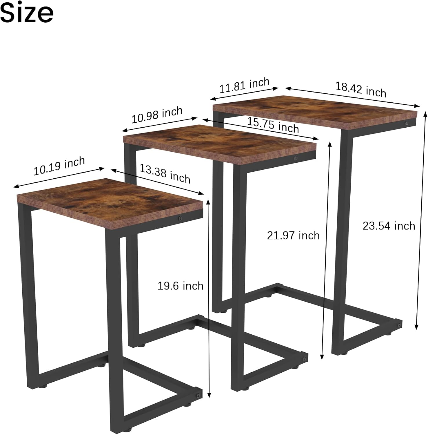 Snack Side Table Nesting End Tables Set of 3, C Shaped End Table with Adjustable Height, C Side Tables for Sofa Couch and Bed, Rustic Brown Nesting C Shaped End Tables for Living Room, Home, Bedroom : Home & Kitchen