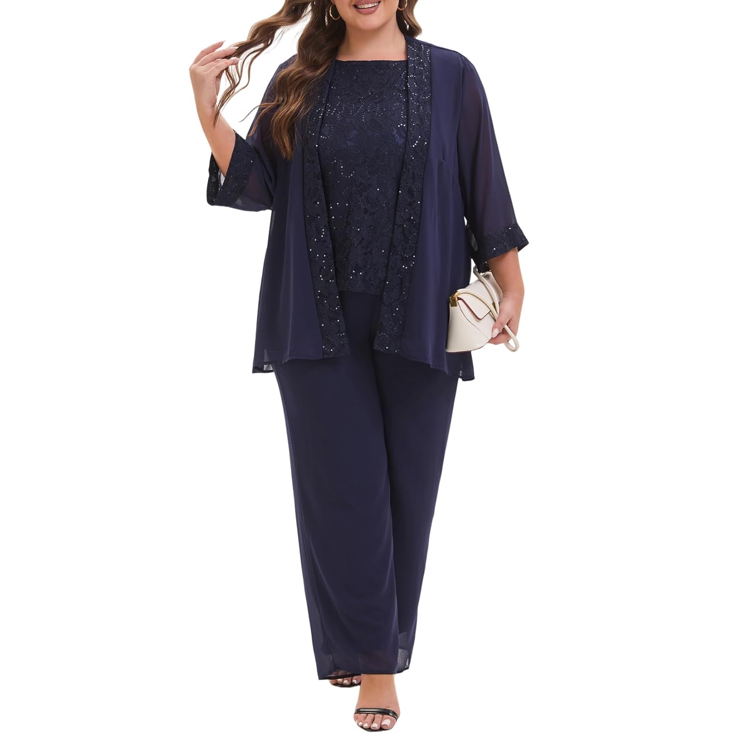 Elegant Plus Size 3 Piece Mother of The Bride Pant Suits with Laces for Formal Wedding Guest Outfit
