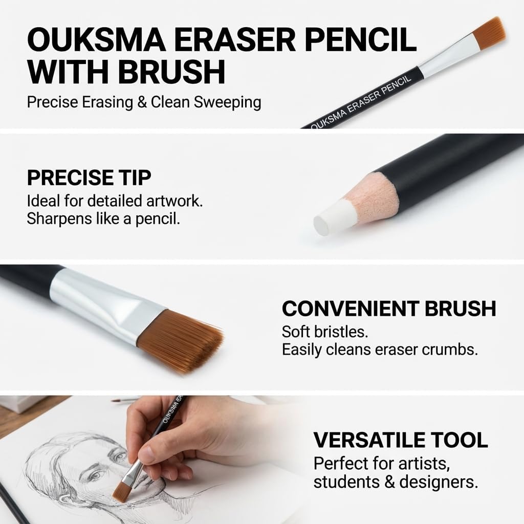 Eraser Pencil Set with Brush and Sharpener, Precision Detail Erasers for Sketching, Drawing, Highlights, Texture Shaping, Art Supplies (6 Eraser Pencils + 2 Sharpeners)