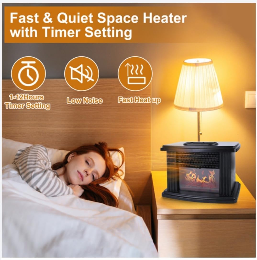 Electric Fireplace Heater with Remote, 800W, Digital Thermostat 59-89°F, Timer Setting, Low Noise, Black