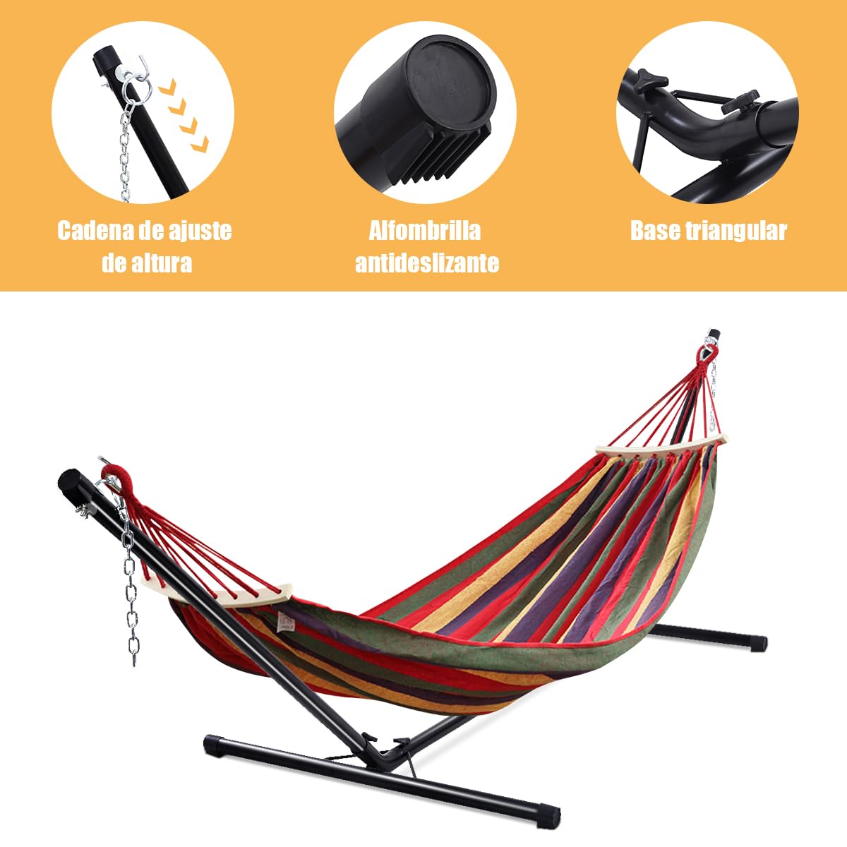 GOPLUS Soporte de Hamaca Universal portátil, Carga máxima 150 KG Material de Hierro, Resistente con Cadena para Colgar, Negro para jardín Camping Balcón, 325 x 100 x 106 CM