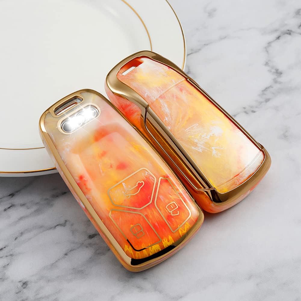 SANRILY Jade Texture Key Fob Cover for Audi A4 Q7 Q5 TT A3 A6 SQ5 R8 S5 2018-2020 Keyless Smart Key Case Shell with Bling Key Ring Orange