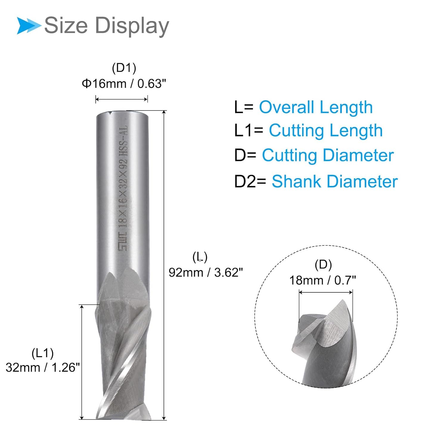 2-Flute Spiral End Mill Bits, 18mm Diameter 32mm Length, High Speed Steel Straight Milling Cutter with Storage Case- (Applications: for Plywood Hardwood Plastic),