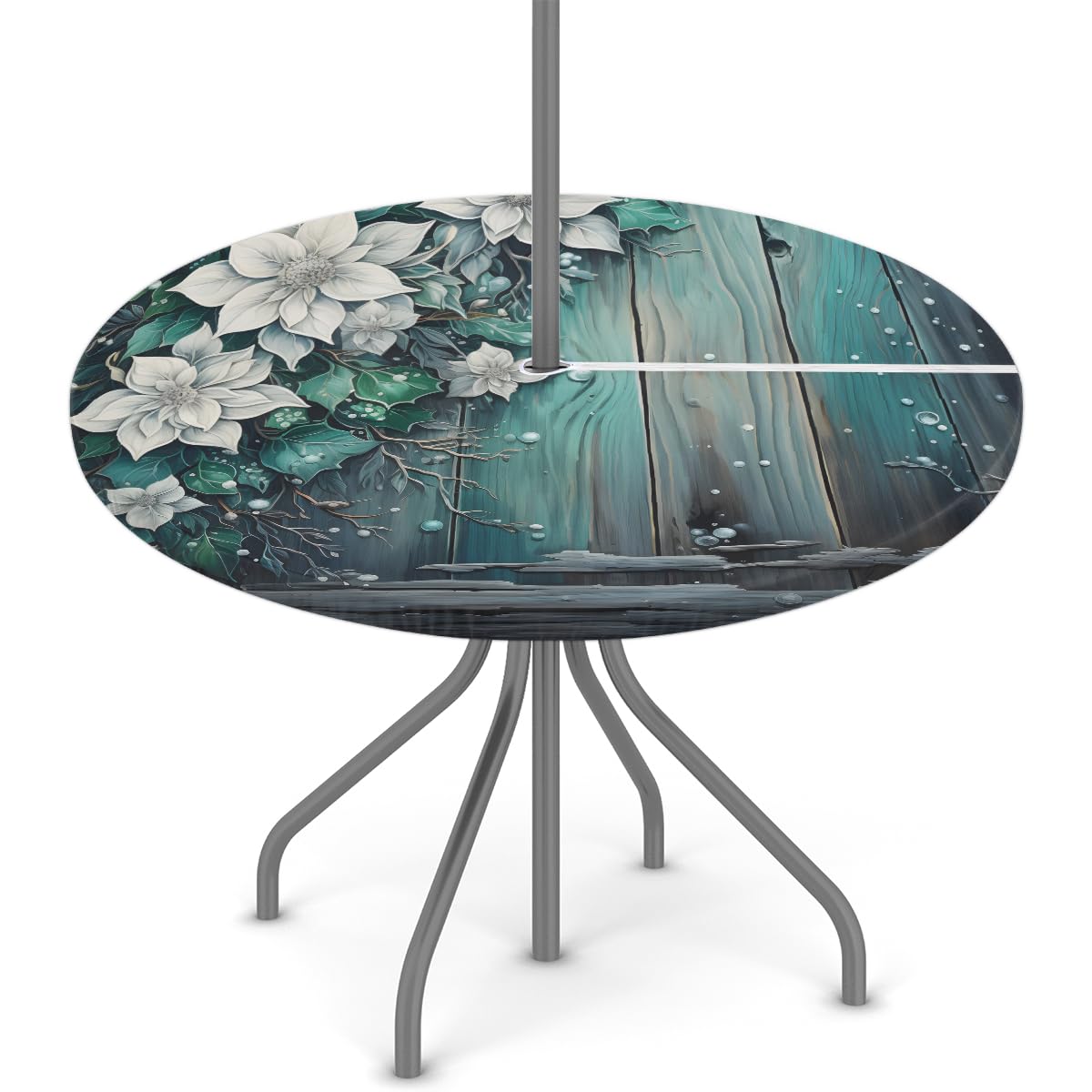 Round Outdoor Tablecloth with Umbrella Hole,Patio Table Cover Fitted Tablecloth Waterproof Umbrella Table Cover for Party Picnic (Romantic Flowers,