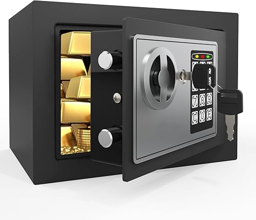 Miniatura 7 de PATRON Pequeña caja fuerte para dinero con código y llaves, mini caja fuerte sólida para niños con teclado digital de seguridad electrónico para el