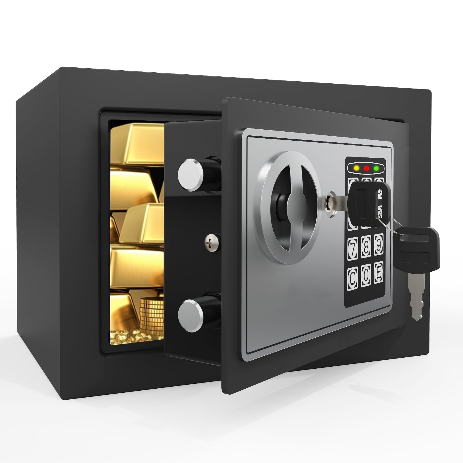 PATRON Pequeña caja fuerte para dinero con código y llaves, mini caja fuerte sólida para niños con teclado de seguridad electrónico digital para el hogar, oficina, hotel, cajas fuertes personales para
