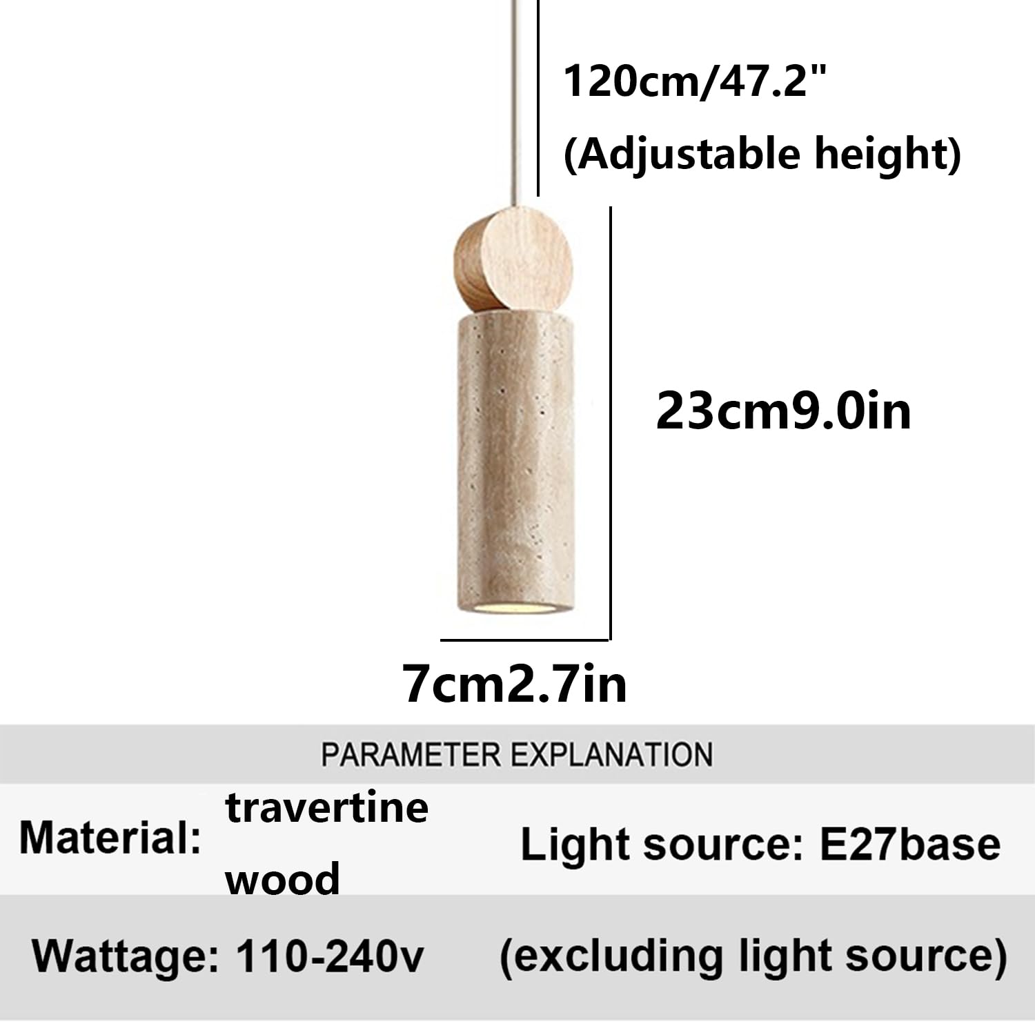 Lampada a sospensione in travertino naturale con base cilindrica