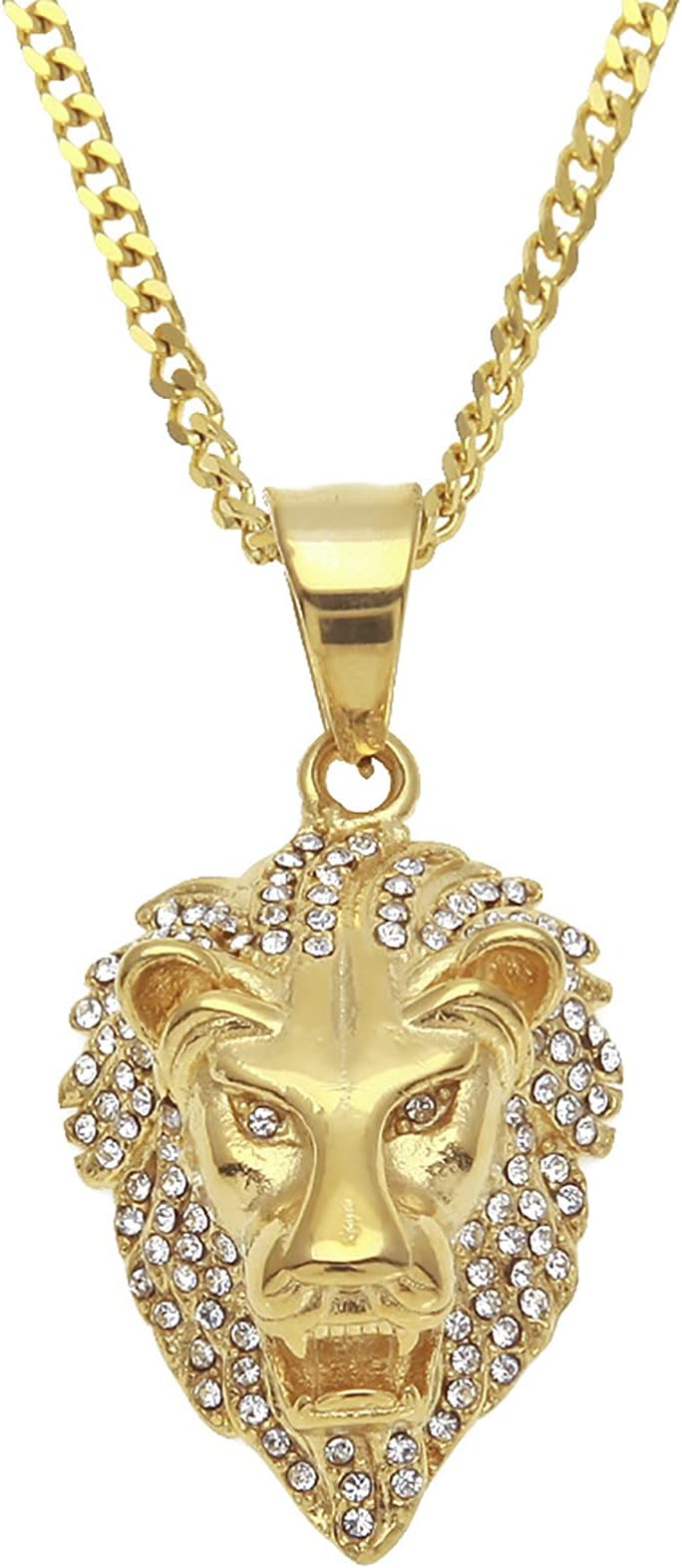 MAFYU Lion Head Pendant Necklace Stainless Steel Color Preserving Rhinestone Hip Hop for Men, Women, Boys and Girls gold-one size