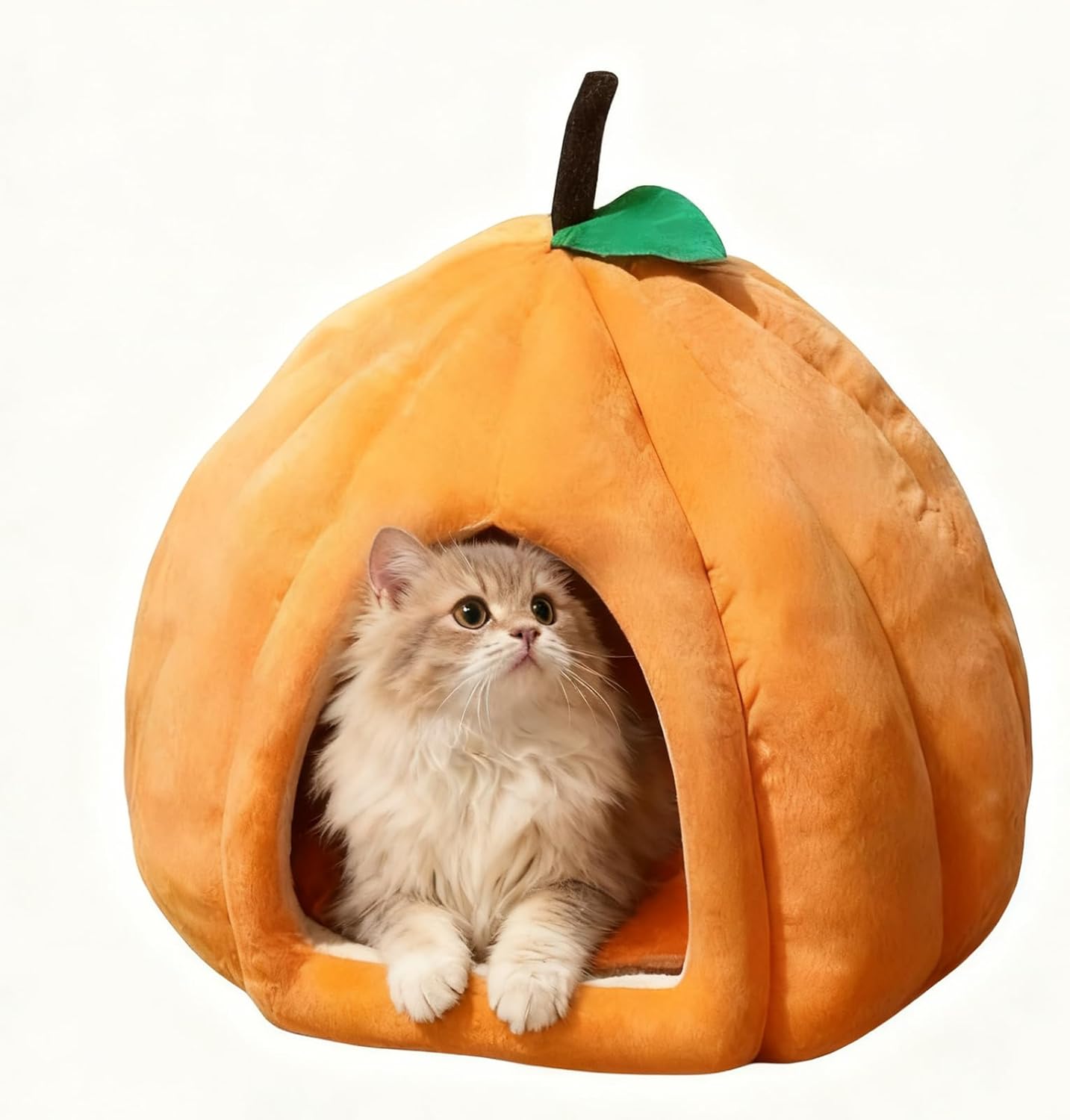 Cat Bed for Indoor Cats - Adorable Cozy Pumpkin Cat Cave with Removable Cushion, Super Soft Pet House Tent for Kittens & Small Pets, Warm & Washable Non-Slip Design(M 17.7 inch Orange)