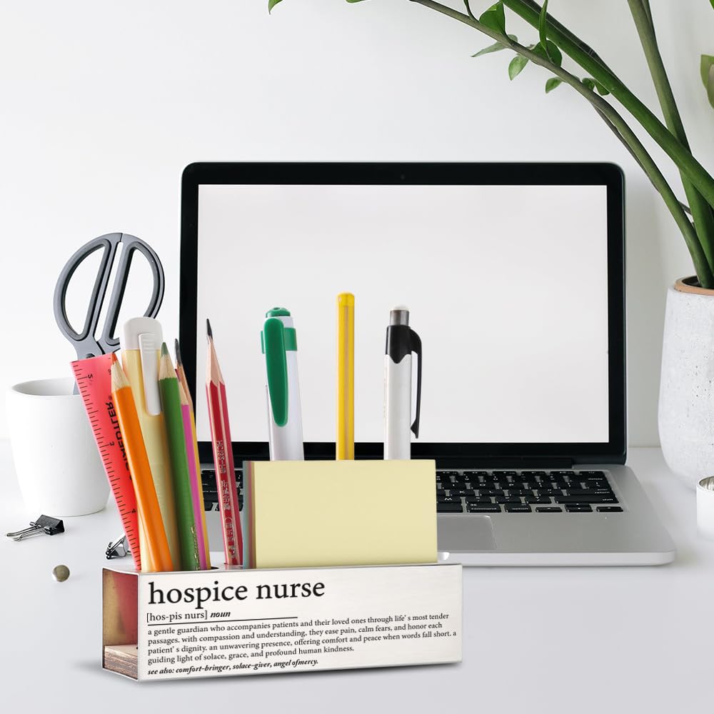 THRXOBN Elegante accesorio de escritorio para enfermeras de hospicio, regalo de agradecimiento para cuidadores compasivos, decoración de oficina con cita motivacional, soporte para bolígrafo de acero