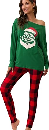 GORIFE Womens Christmas Long Sleeve Loungewear Comfys Letter Printed Pajamas Sets Soft Tops and Skinny Plaid Long Pants