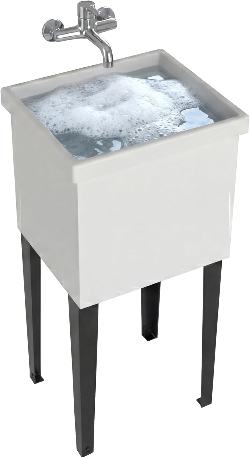 Bari Freestanding and Compact Plastic Laundry Utility Sink with Four Legs, Utility Tub for Laundry Room, Garage or Kitchen, White