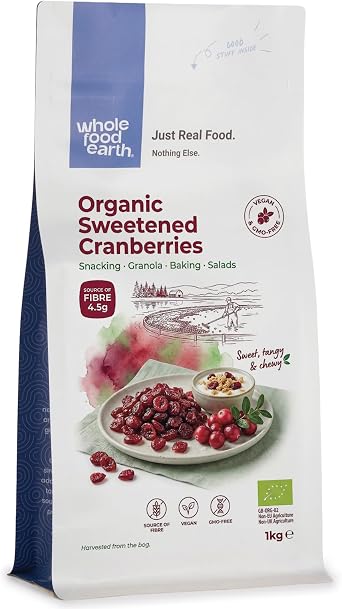Wholefood Earth Organic Sweetened Dried Cranberries   1 kg | GMO Free | Vegan | Source of Fibre | Certified Organic