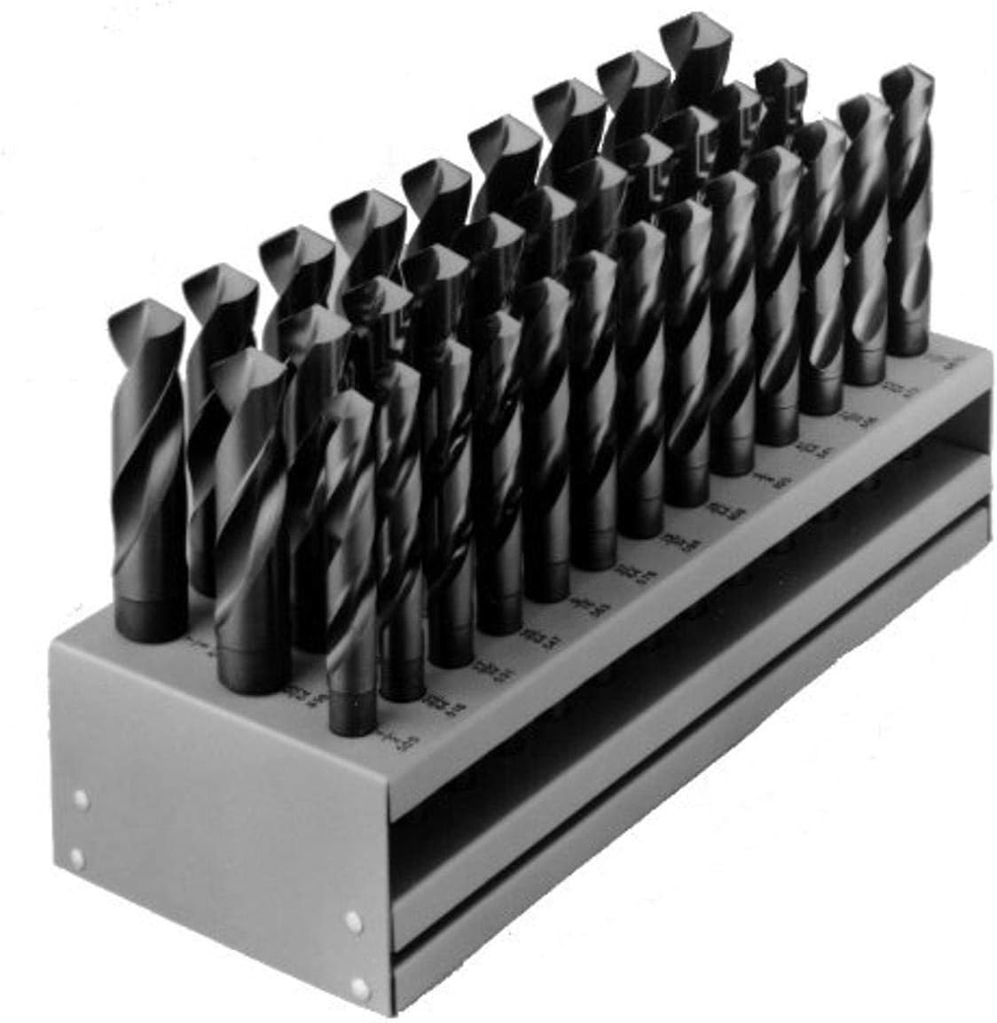 Chicago Latrobe 190 Series High-Speed Steel Reduced Shank Drill Bit Set With Metal Stand, Black Oxide Finish, 118 Degree Conventional Point, Round Shank, Inch, 33-piece, 1/2" - 1" in 1/64" increments