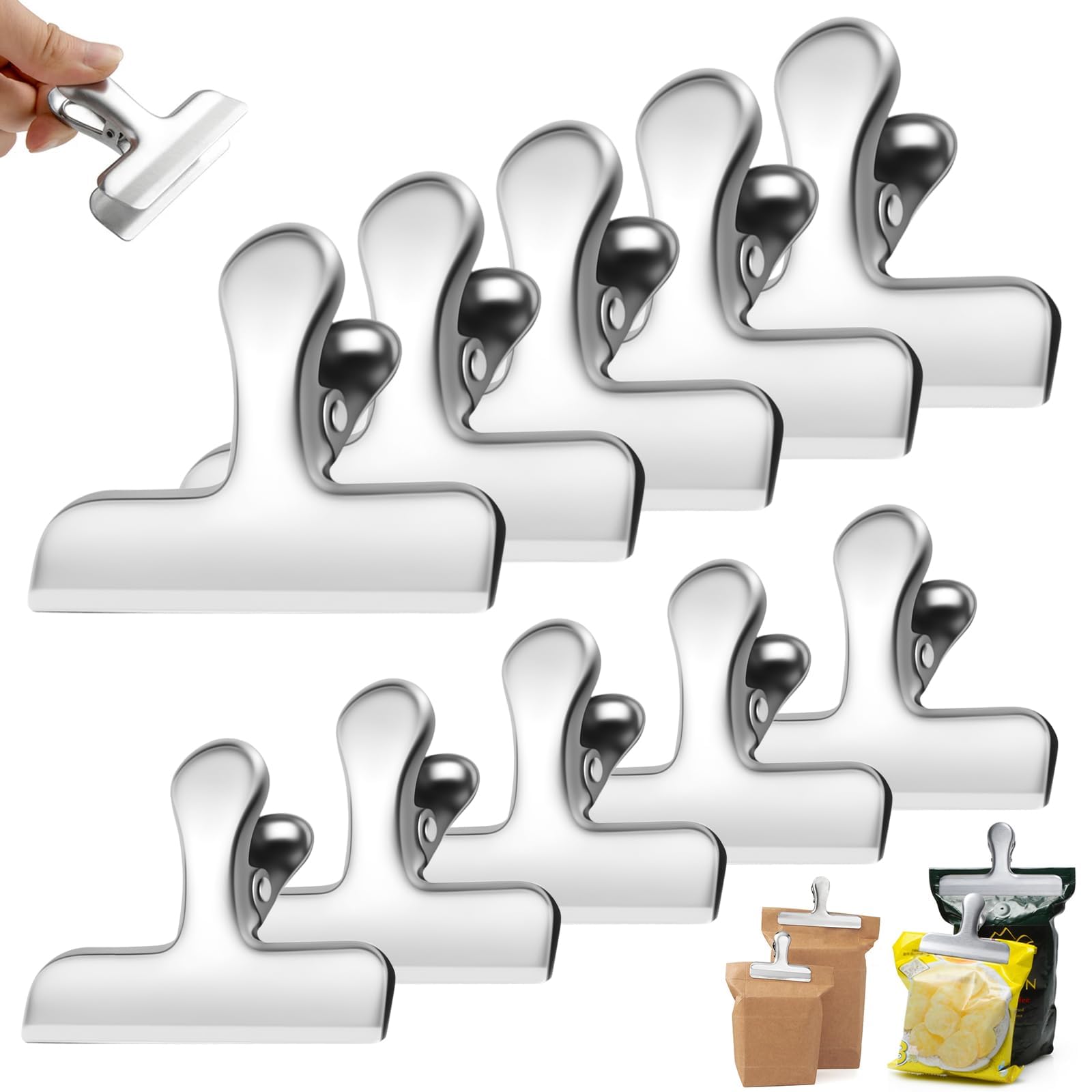 10 Pcs Stainless Steel Chip Bag Clip,2 Sizes Food Bag Clip for Food Storage