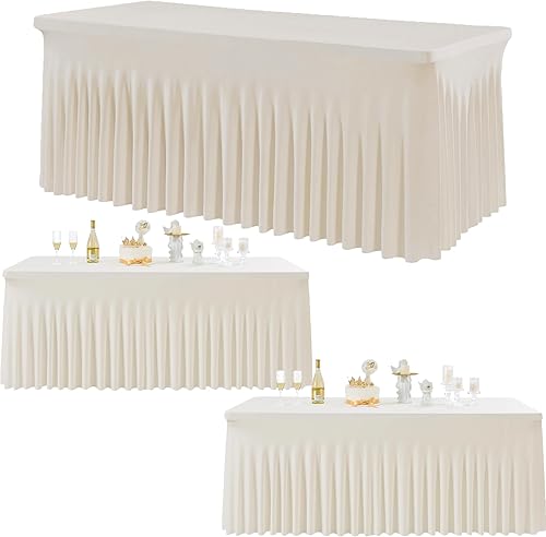 Manteles de elastano marfil para mesas rectangulares de 8 pies, mantel elástico de 8 pies con falda para fiestas, bodas, cumpleaños, banquetes, baby