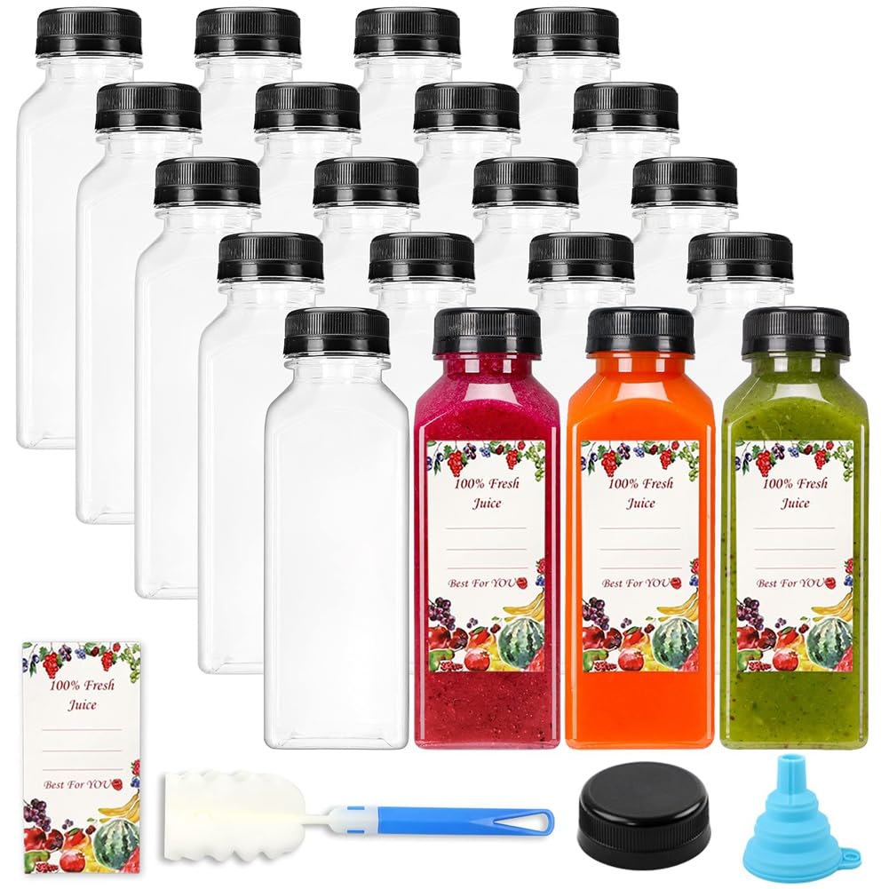 20 bottiglie di succo di plastica vuote da 12 oz con chiusure, bottiglie d'acqua riutilizzabili, contenitori trasparenti con coperchi neri a prova di manomissione
