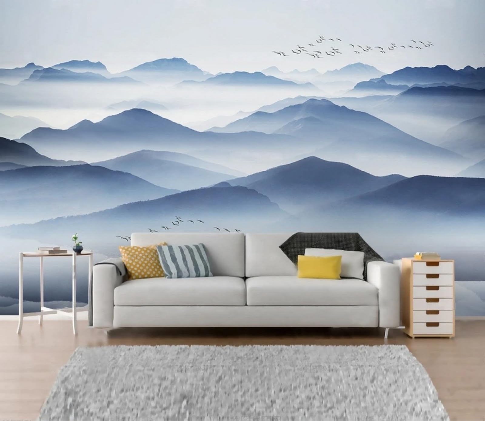 Carta da Parati Panoramica Intissato Montagne Blu,Zen,Paesaggio Naturale Wallpaper per Camera da Letto, Soggiorno 350x250cm