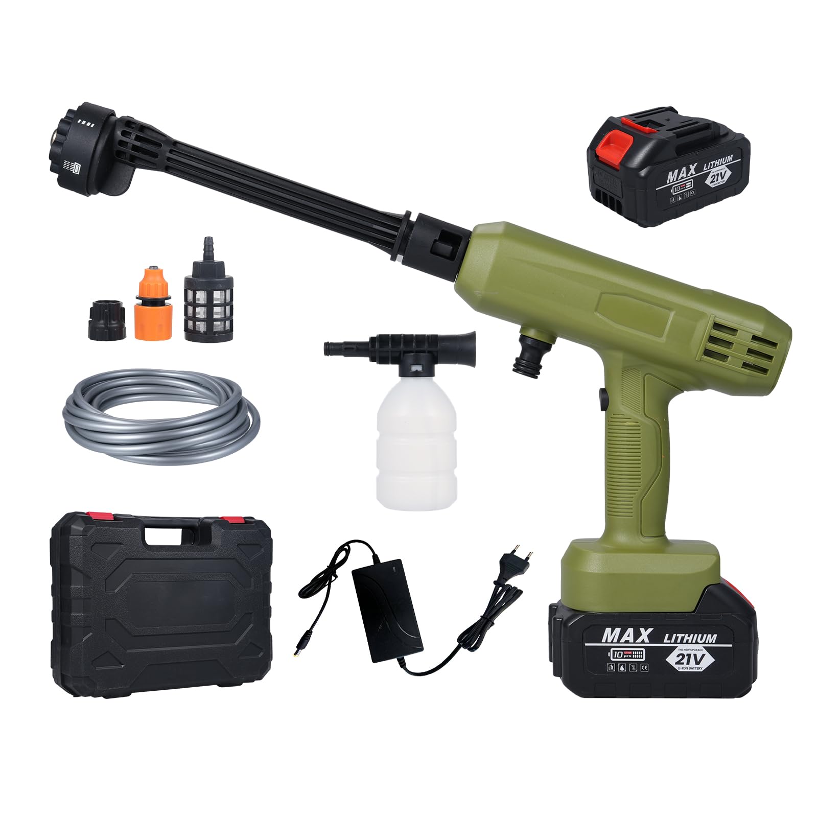 Elektrische Wasserpistole, kabelloser Hochdruckreiniger, 2 Stück, 21 V, 3000 mAh Akku, mit 6-in-1-Düse für Autos, Wände, Straßen, Zäune, Hofwäsche, Blumen gießen