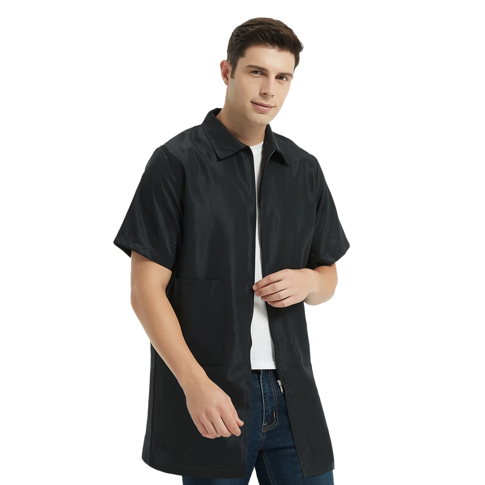 TOPTIE Chaqueta de Barbero Manga Corta para Hombre, Ropa de Trabajo y Uniformes de Peluquería, Camisa Negra con Cremallera y Bolsillos, Corte Holgado
