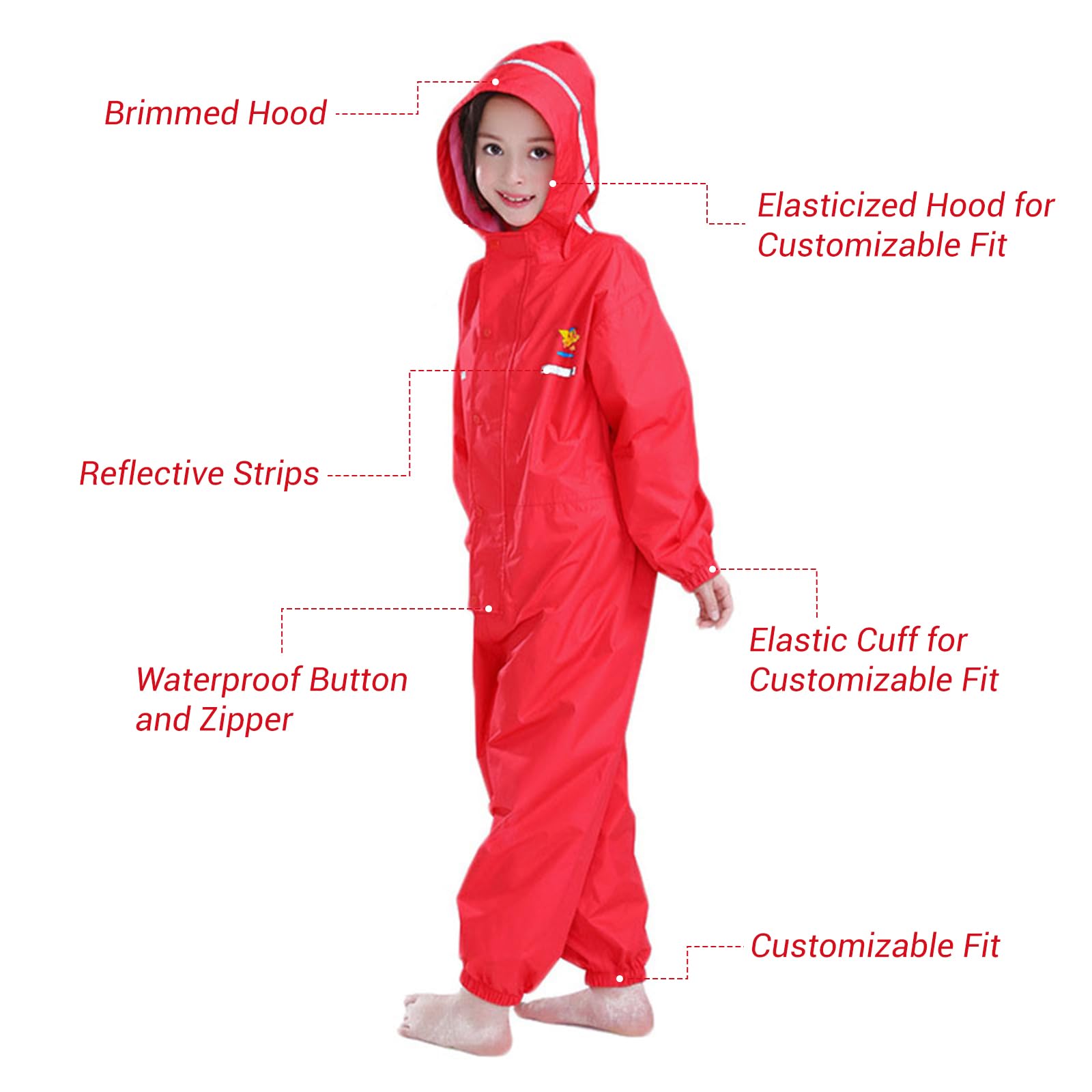 Chubasquero para Niños Mono Impermeable Traje de Lluvia Encapuchado Niñas Chaquetas de lluvia Poncho con Tira Reflectante, Rojo 2-3 Años